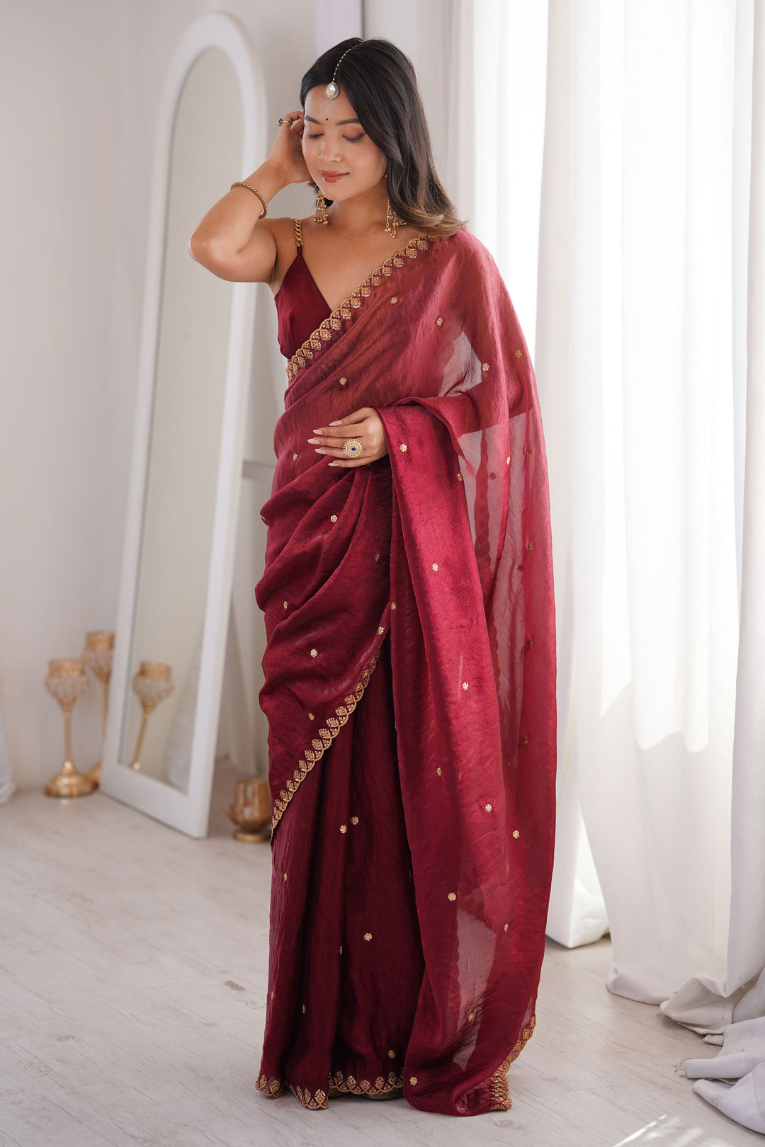 Trendy Maroon Color Satin Saree With Sequins Work | Buy Online India