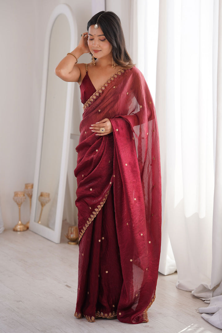 Trendy Maroon Color Satin Saree With Sequins Work | Buy Online India