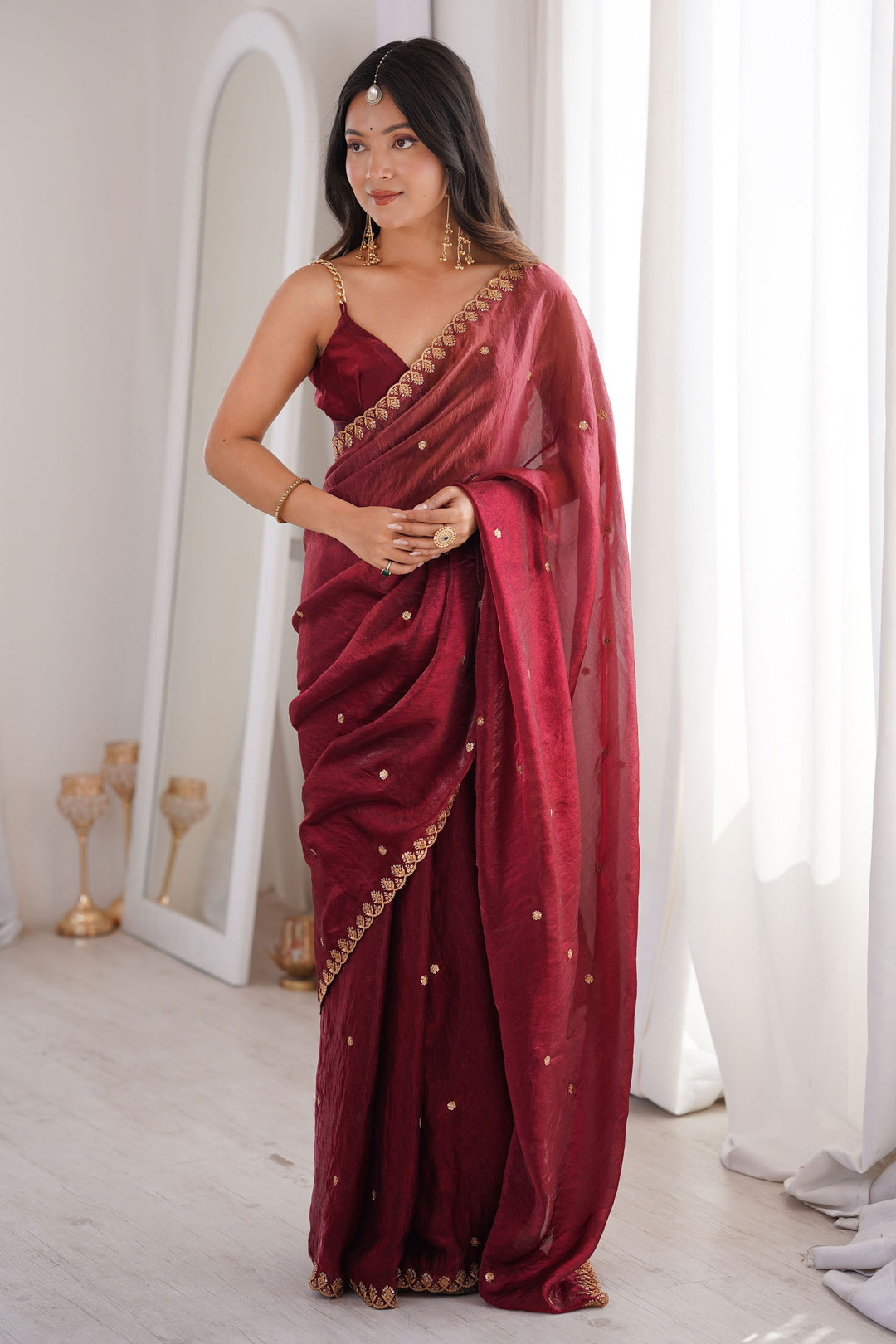 Trendy Maroon Color Satin Saree With Sequins Work | Buy Online India