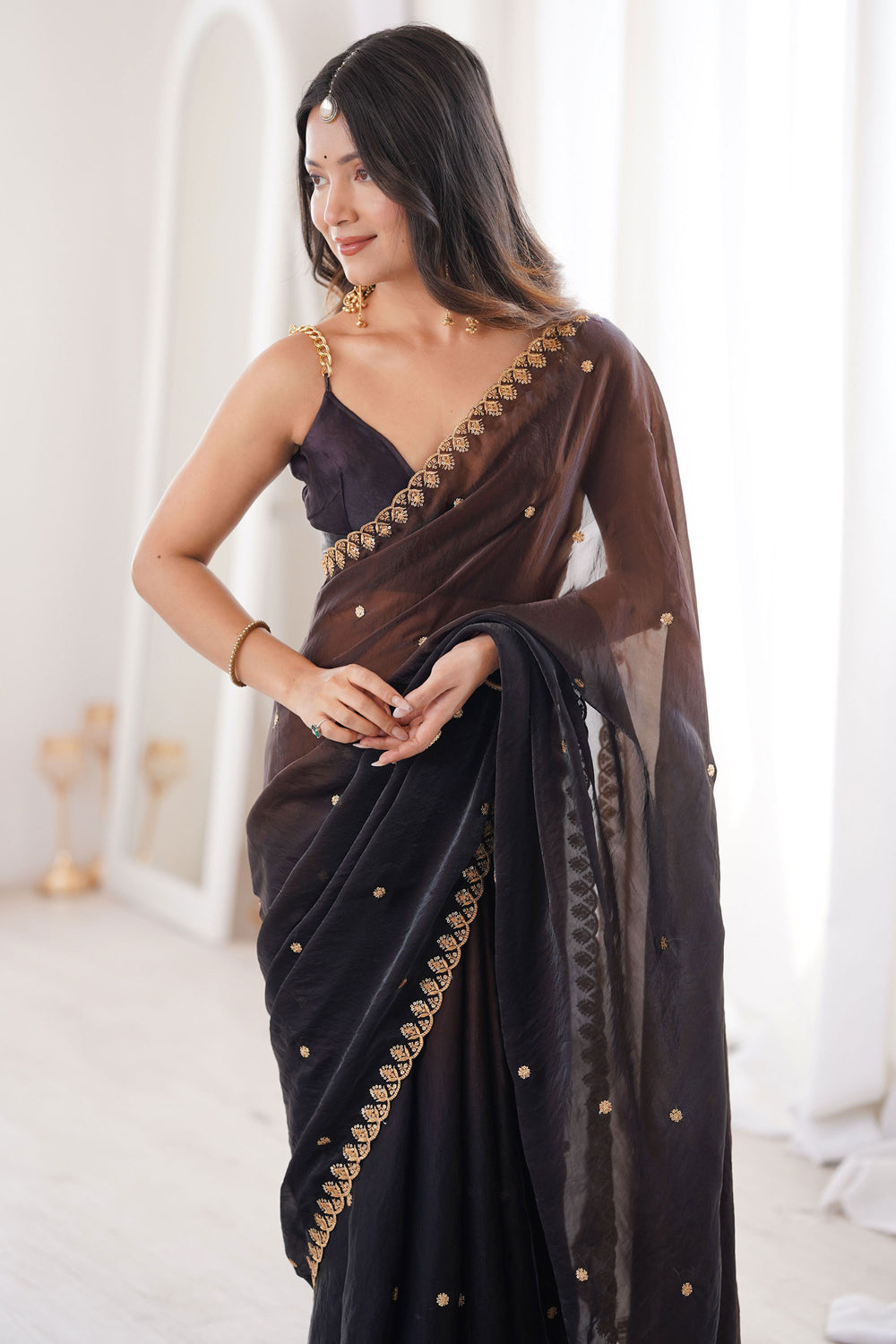 Black Color Sequins Work On Satin Chic Saree | Buy Online India