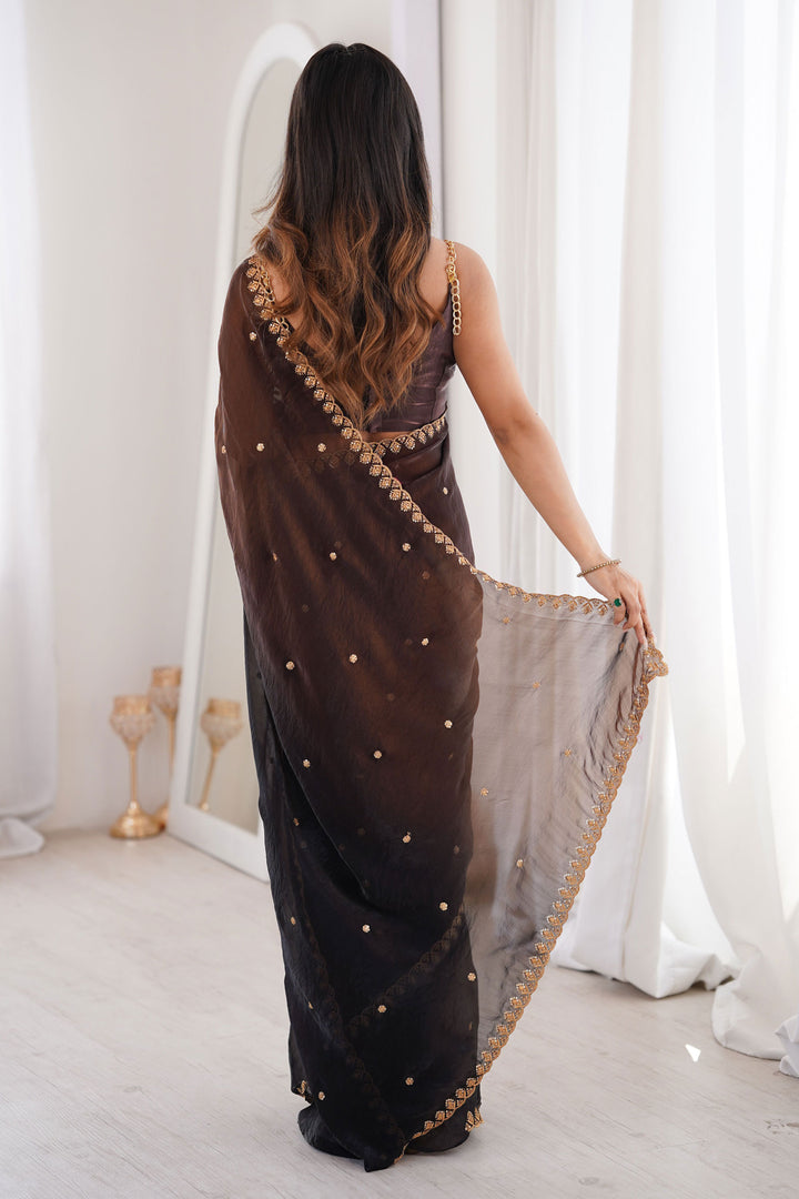 Black Color Sequins Work On Satin Chic Saree | Buy Online India