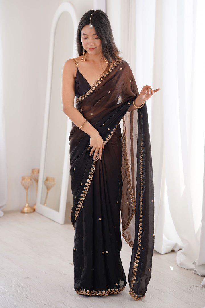 Black Color Sequins Work On Satin Chic Saree | Buy Online India
