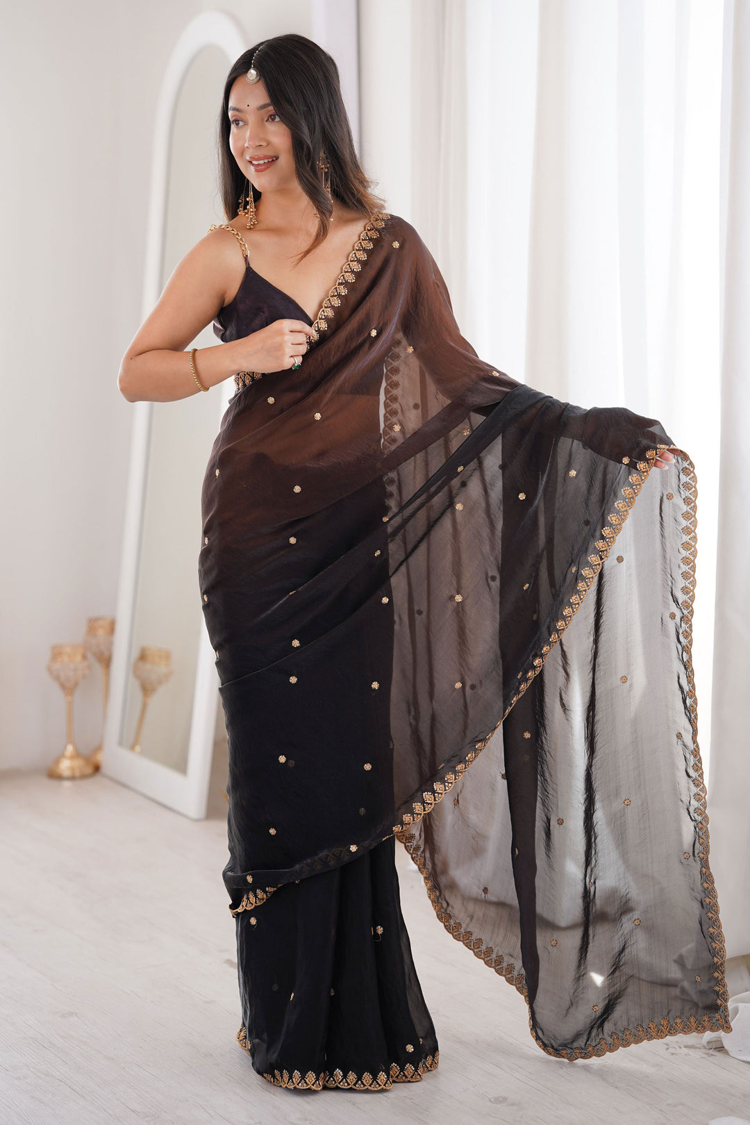 Black Color Sequins Work On Satin Chic Saree | Buy Online India