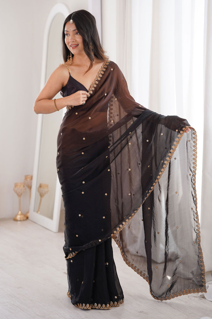 Black Color Sequins Work On Satin Chic Saree | Buy Online India