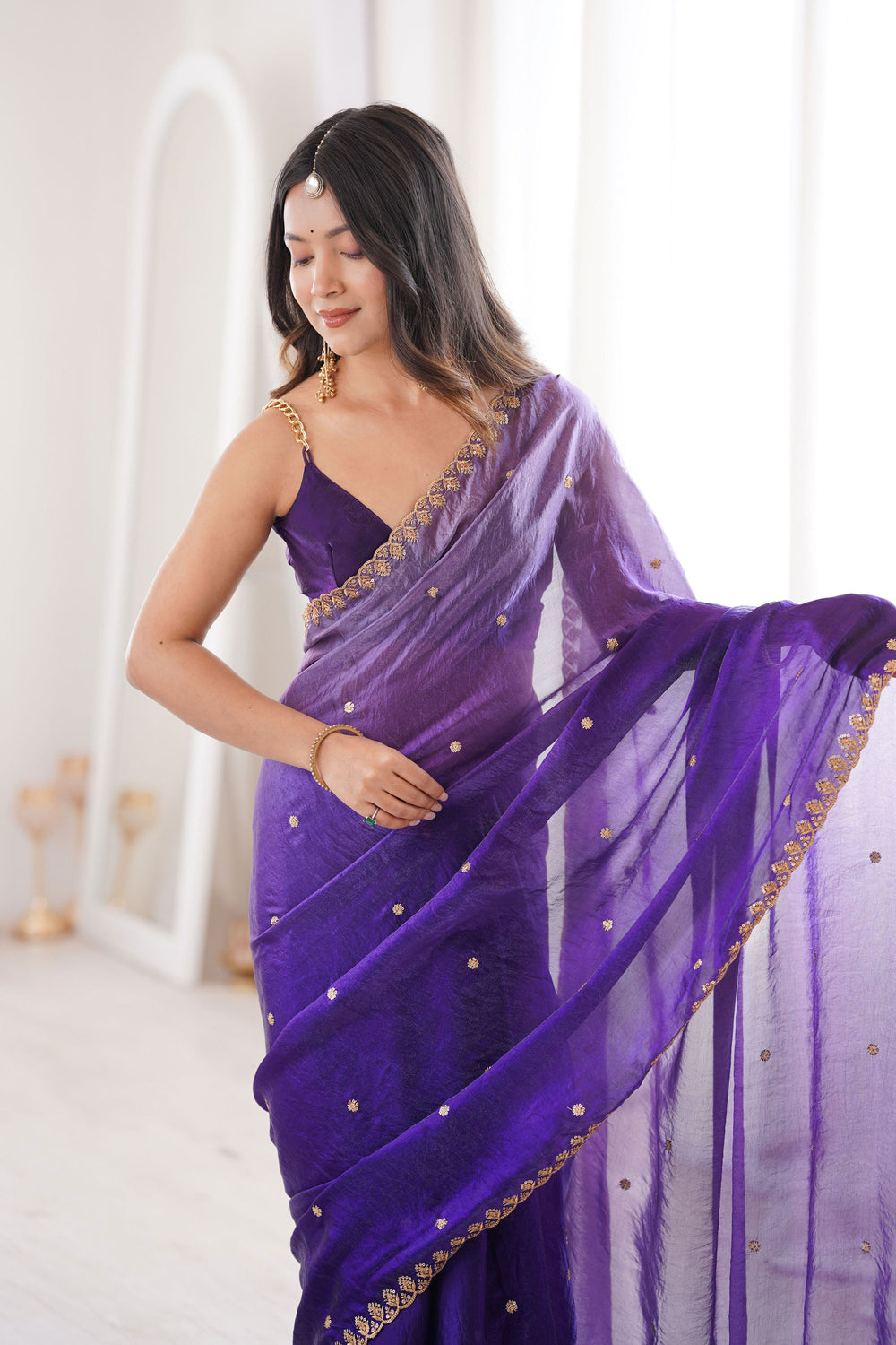 Soothing Sequins Work On Purple Color Satin Saree | Buy Online India