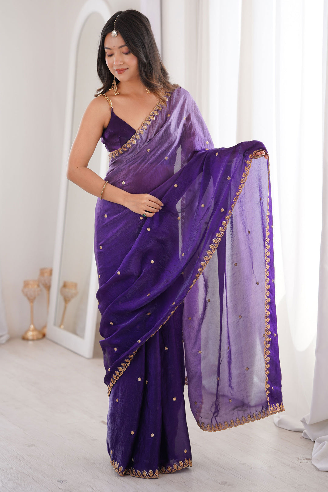 Soothing Sequins Work On Purple Color Satin Saree | Buy Online India
