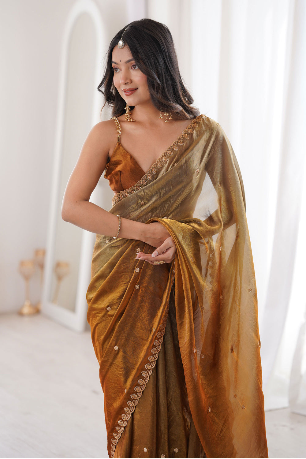 Sequins Work On Satin Brown Color Gorgeous Saree | Buy Online India