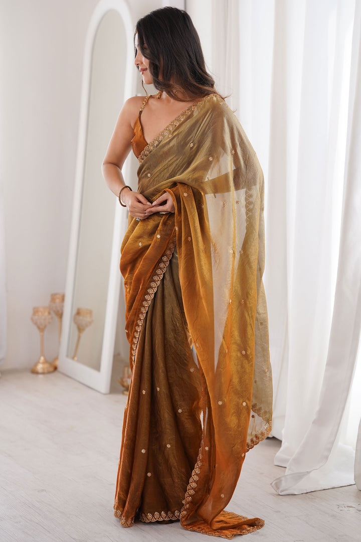 Sequins Work On Satin Brown Color Gorgeous Saree | Buy Online India