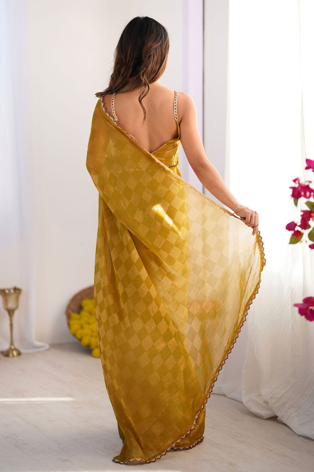 Mustard Color Glamorous Chex Design Chiffon Saree | Buy Online India