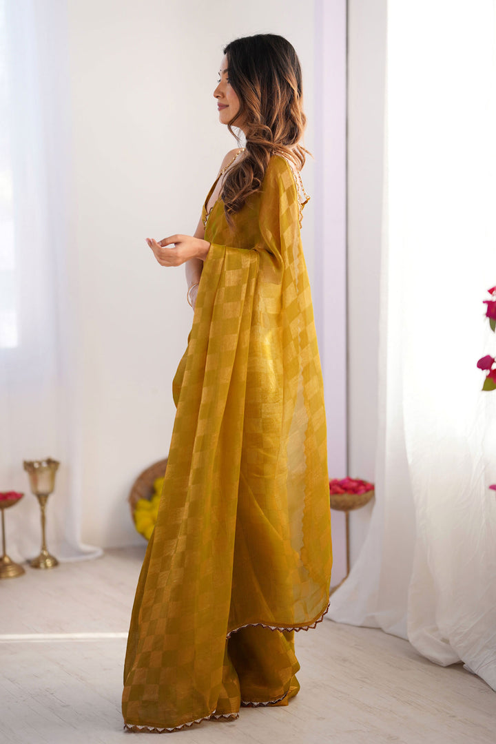 Mustard Color Glamorous Chex Design Chiffon Saree | Buy Online India