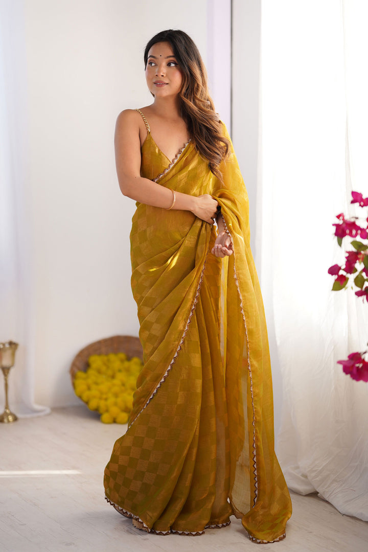 Mustard Color Glamorous Chex Design Chiffon Saree | Buy Online India