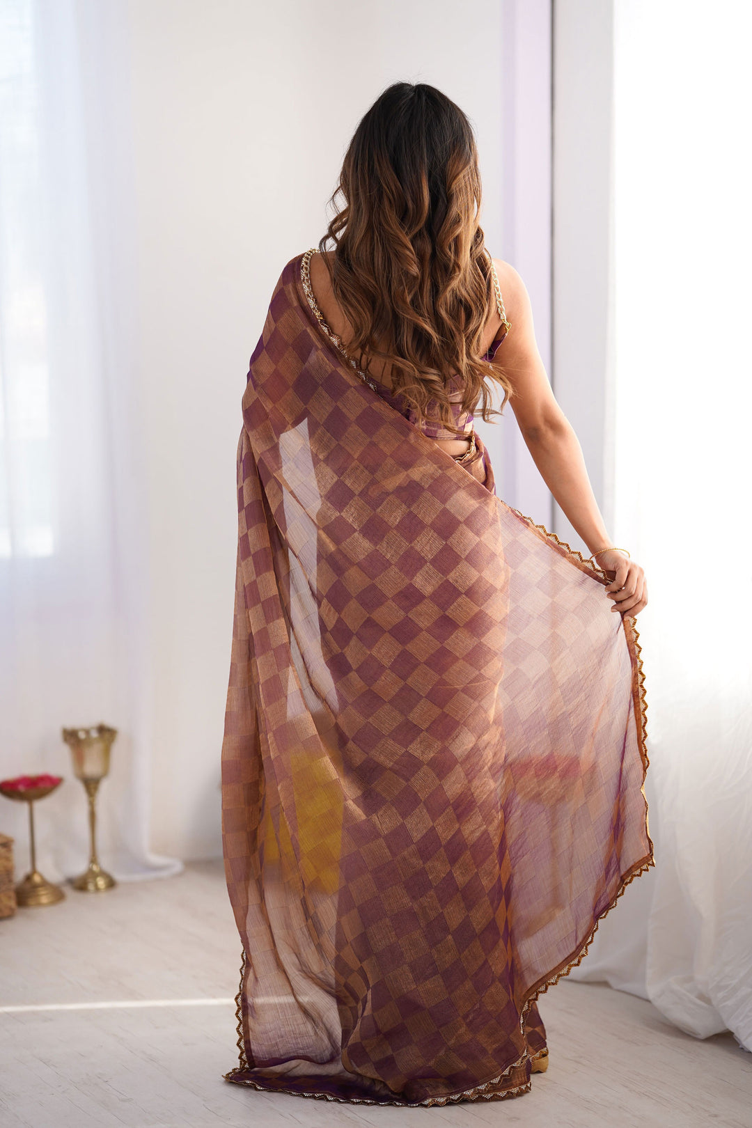 Attractive Chex Design Chiffon Saree In Purple Color | Buy Online India