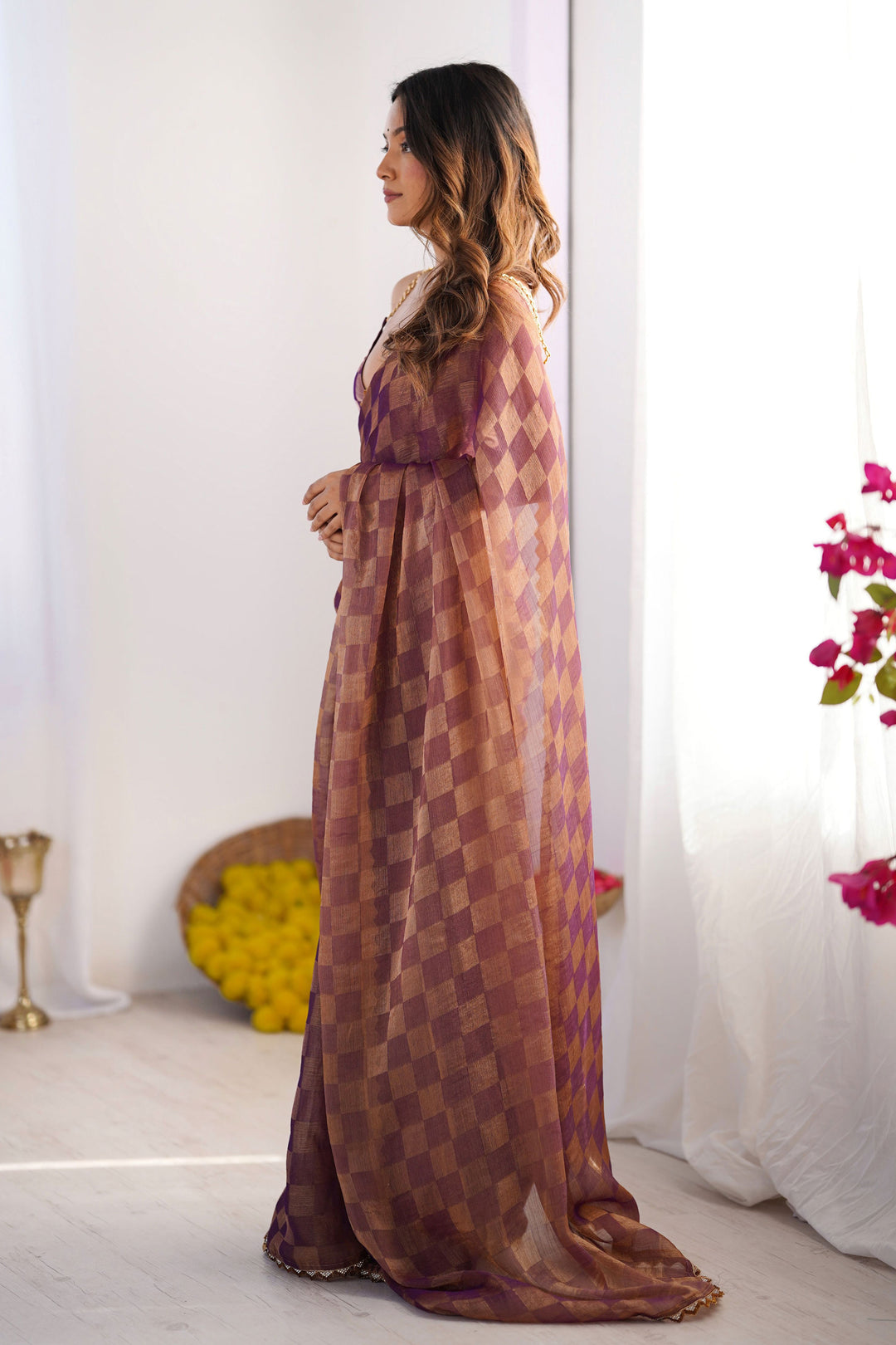 Attractive Chex Design Chiffon Saree In Purple Color | Buy Online India