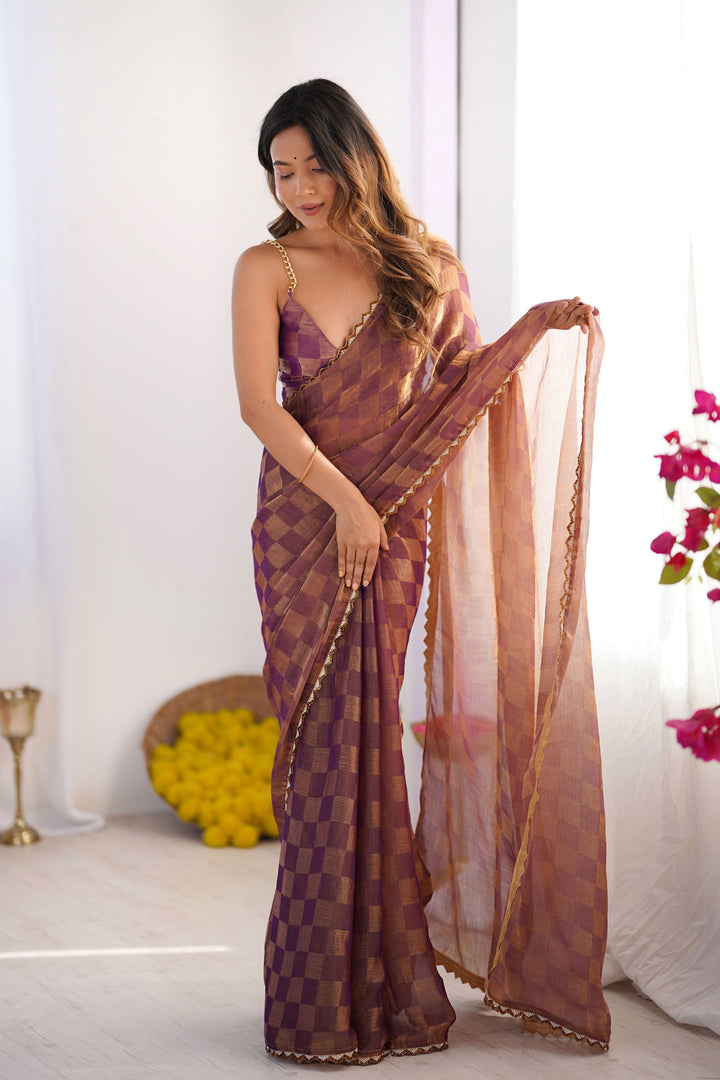 Attractive Chex Design Chiffon Saree In Purple Color | Buy Online India