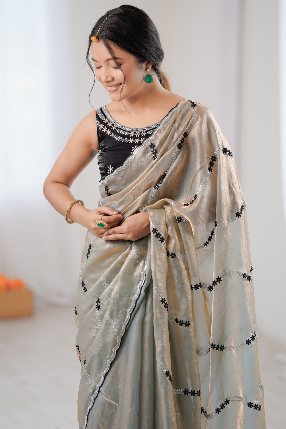 Sequince Work Attractive Two Tone Satin Saree In Beige Color | Buy Online India