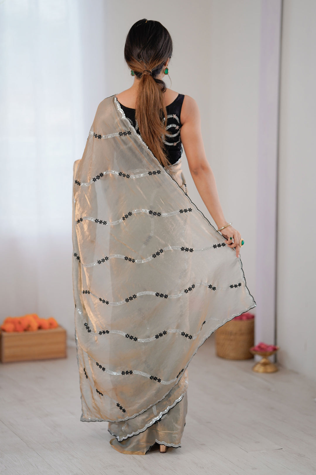 Sequince Work Attractive Two Tone Satin Saree In Beige Color | Buy Online India