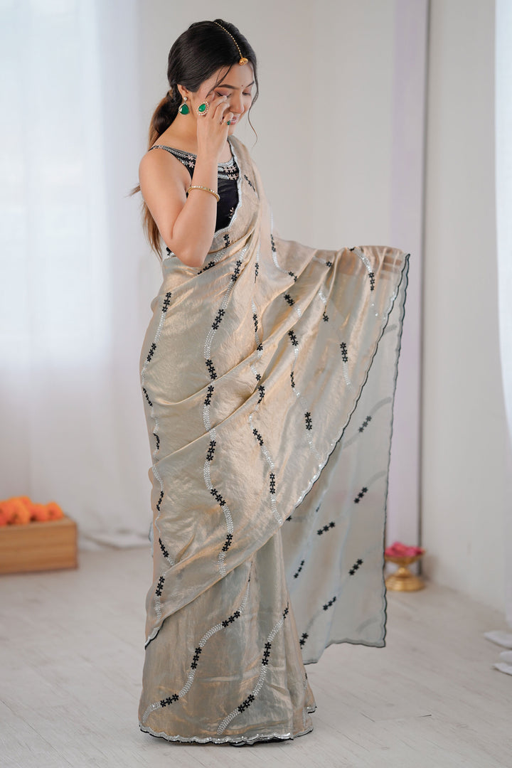 Sequince Work Attractive Two Tone Satin Saree In Beige Color | Buy Online India