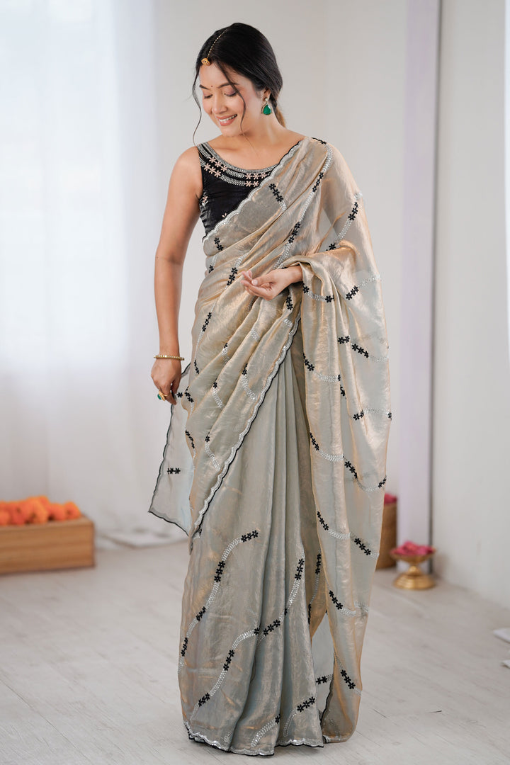 Sequince Work Attractive Two Tone Satin Saree In Beige Color | Buy Online India