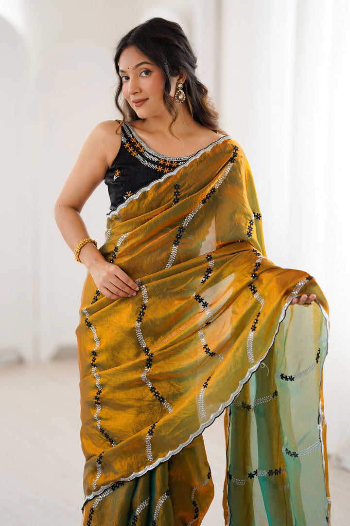 Alluring Mustard Color Sequince Work Two Tone Satin Saree | Buy Online India