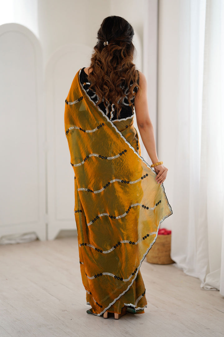Alluring Mustard Color Sequince Work Two Tone Satin Saree | Buy Online India