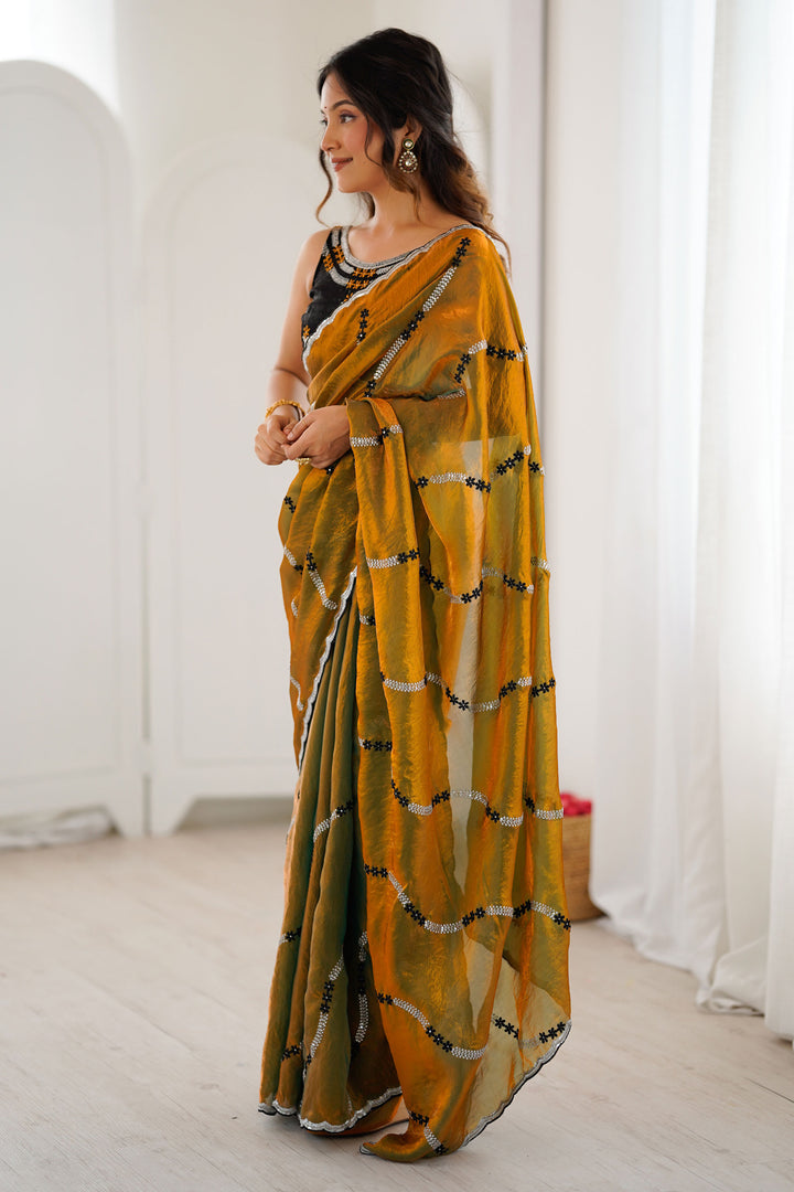Alluring Mustard Color Sequince Work Two Tone Satin Saree | Buy Online India