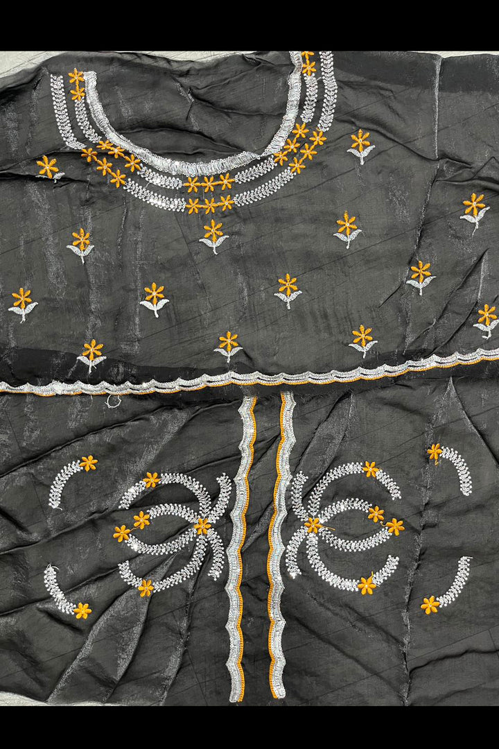 Alluring Mustard Color Sequince Work Two Tone Satin Saree | Buy Online India