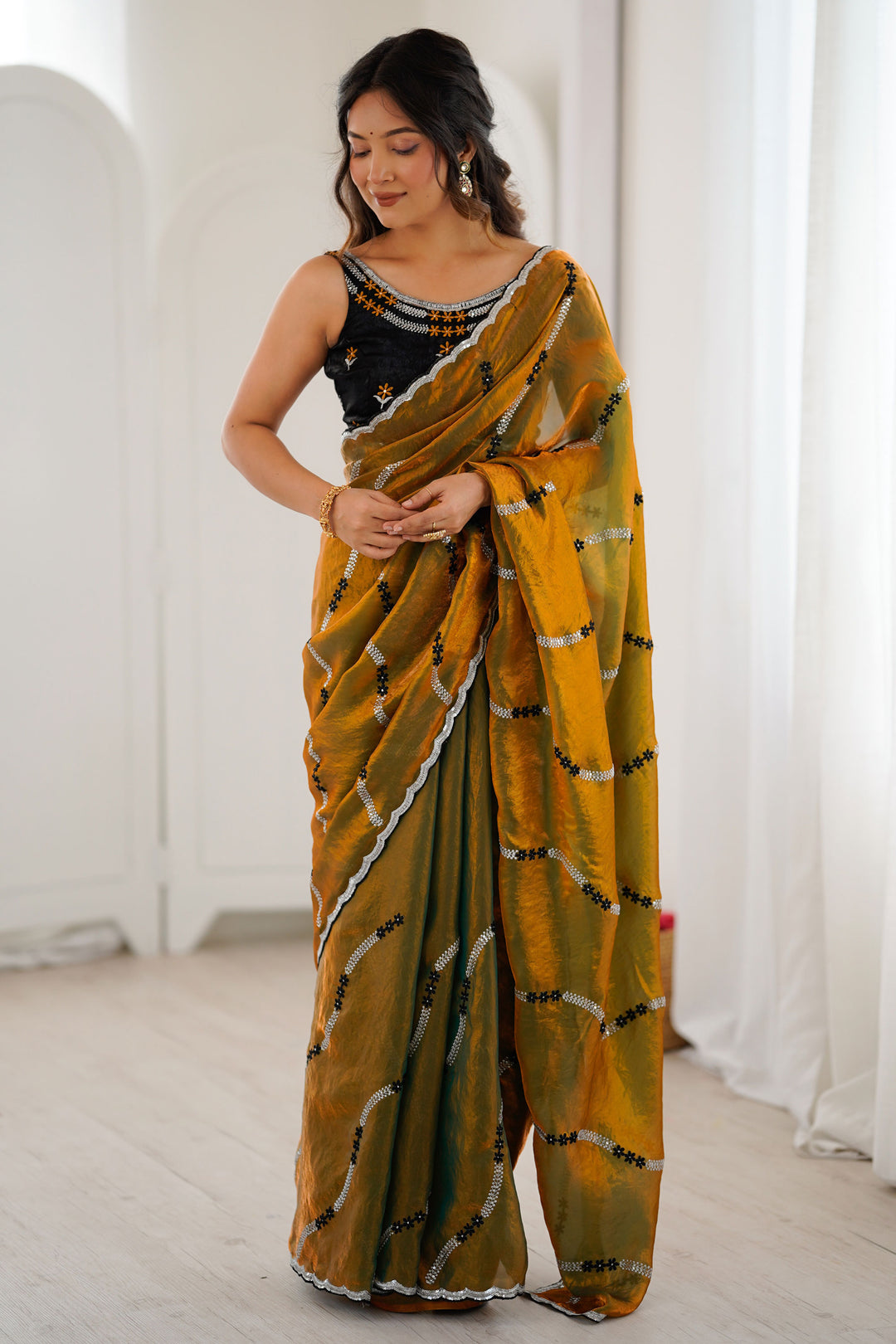Alluring Mustard Color Sequince Work Two Tone Satin Saree | Buy Online India