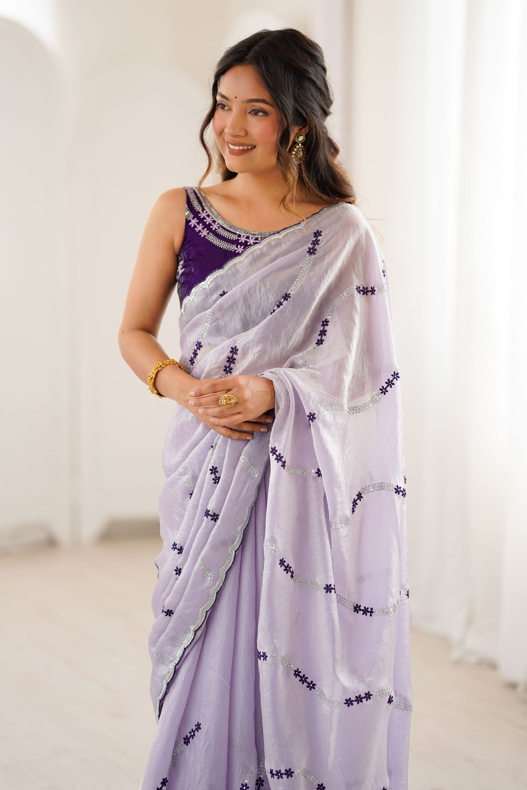 Lavender Color Sequince Work Graceful Two Tone Satin Saree | Buy Online India