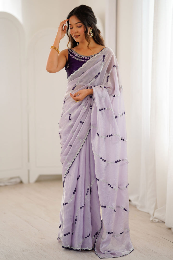 Lavender Color Sequince Work Graceful Two Tone Satin Saree | Buy Online India