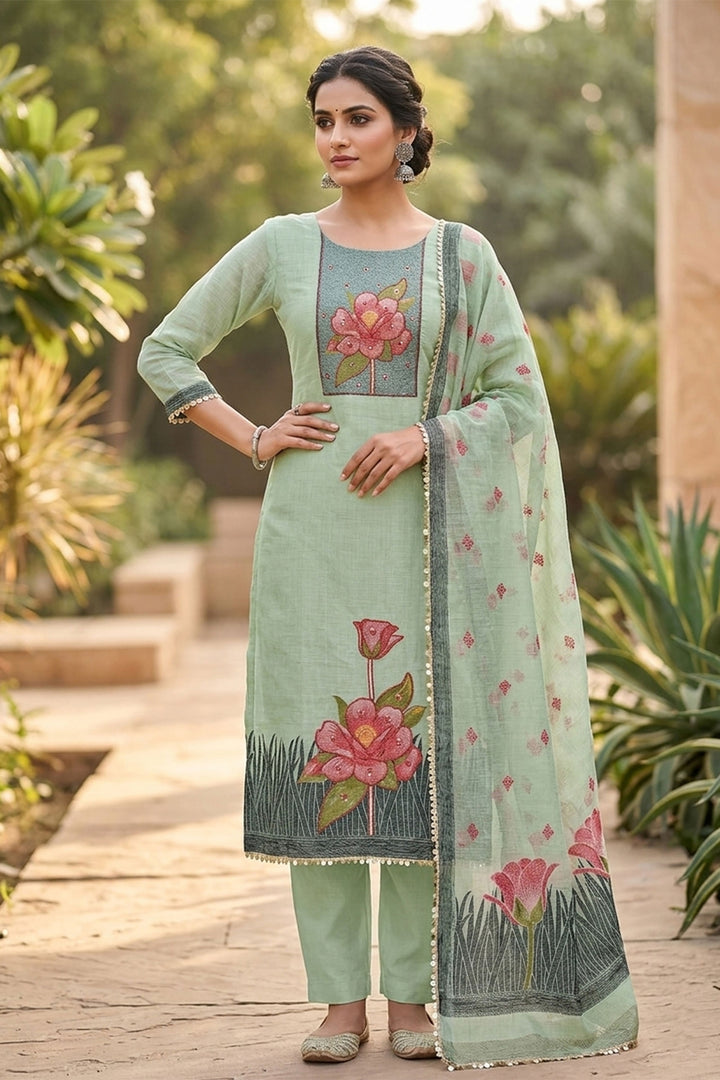Tempting Banarasi Cotton Green Color Salwar Suit | Buy Online India