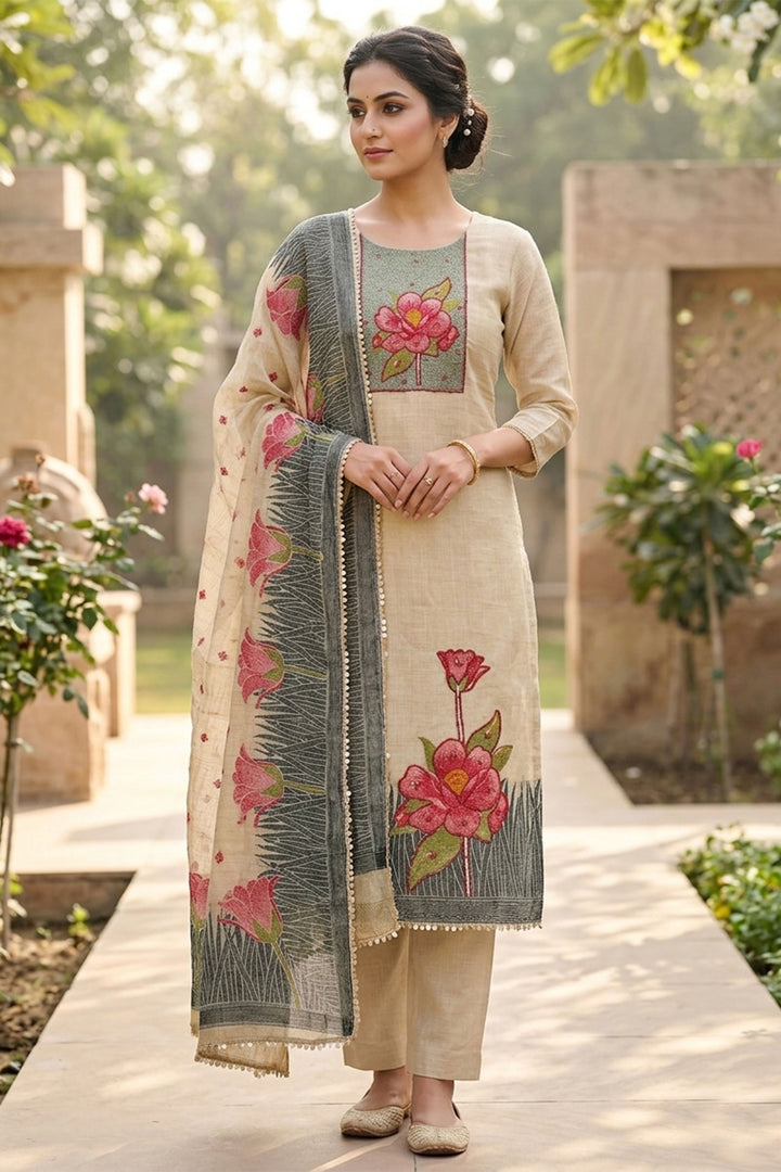 Engaging Beige Color Banarasi Cotton Salwar Suit | Buy Online India