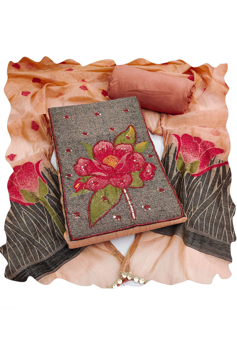 Trendy Banarasi Cotton Salwar Suit In Peach Color | Buy Online India