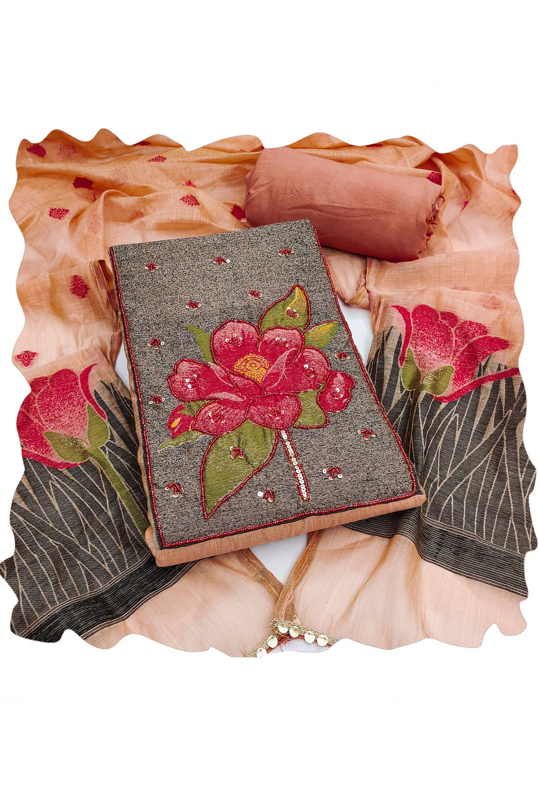 Trendy Banarasi Cotton Salwar Suit In Peach Color | Buy Online India