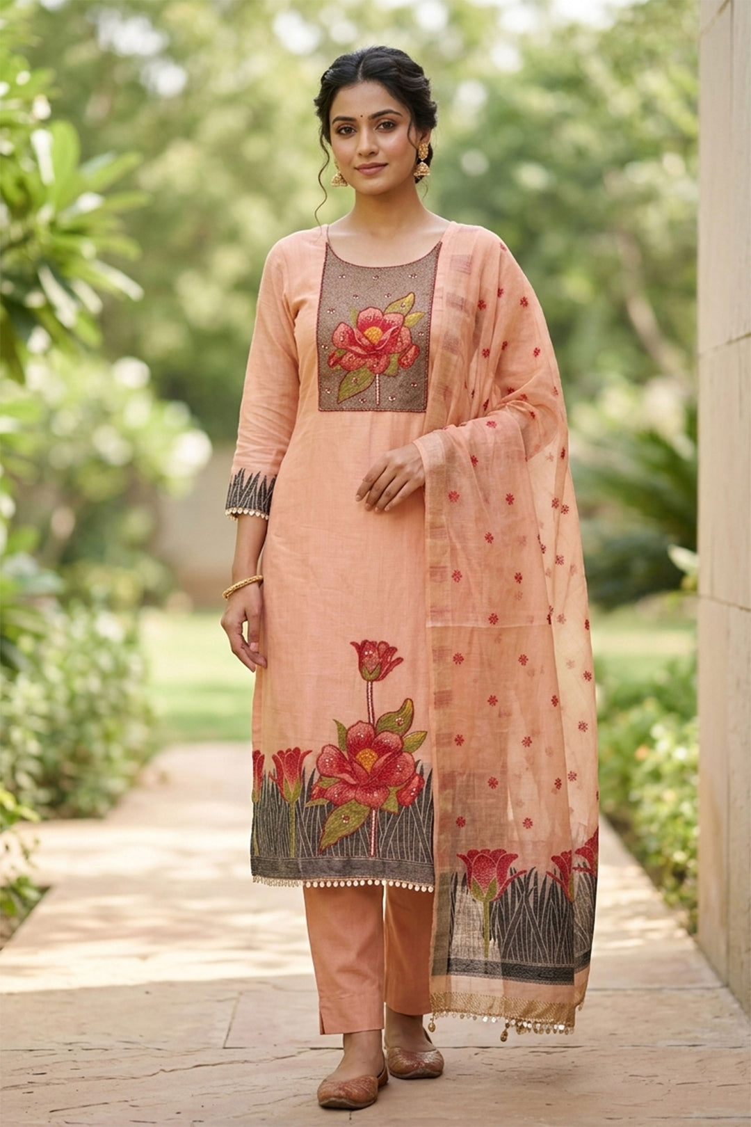 Trendy Banarasi Cotton Salwar Suit In Peach Color | Buy Online India