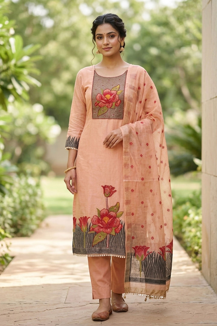 Trendy Banarasi Cotton Salwar Suit In Peach Color | Buy Online India