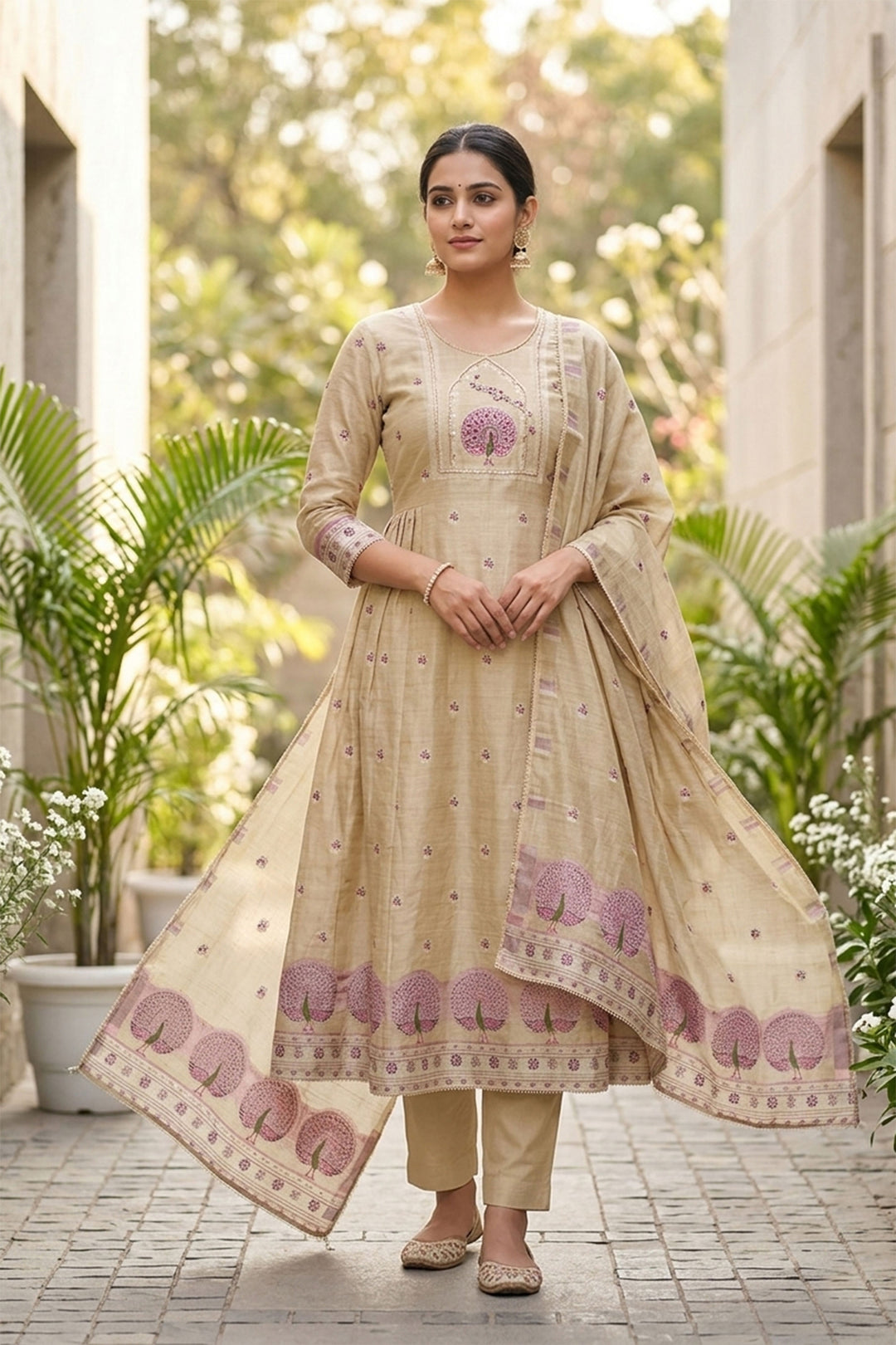Solid Banarasi Cotton Salwar Suit In Beige Color | Buy Online India