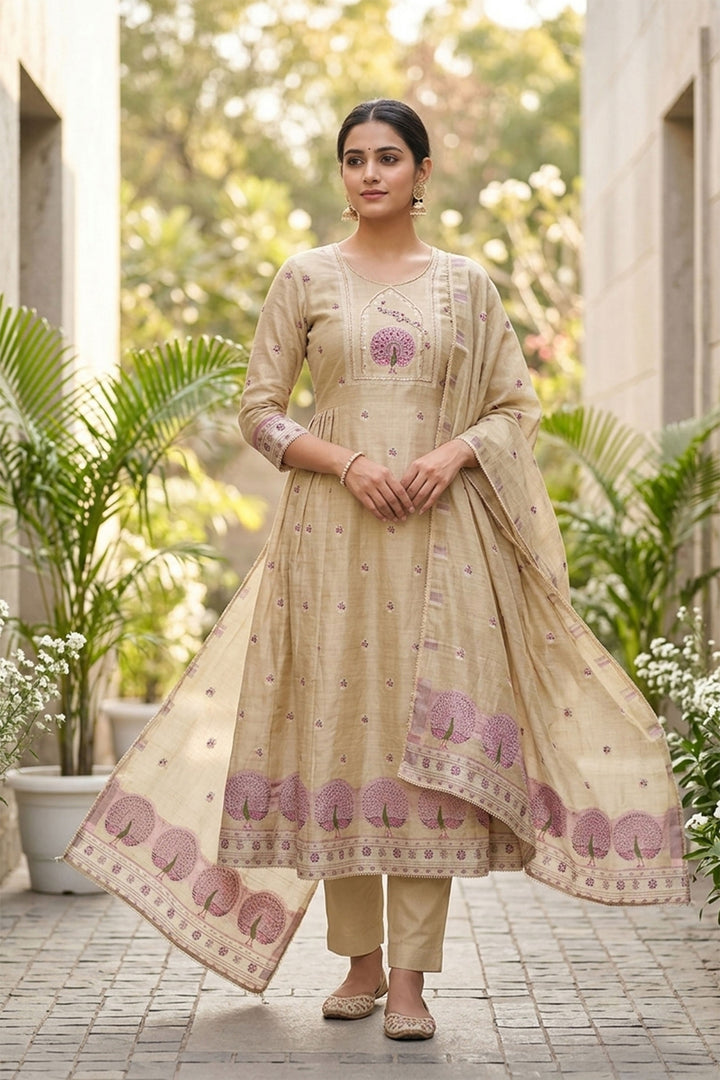 Solid Banarasi Cotton Salwar Suit In Beige Color | Buy Online India