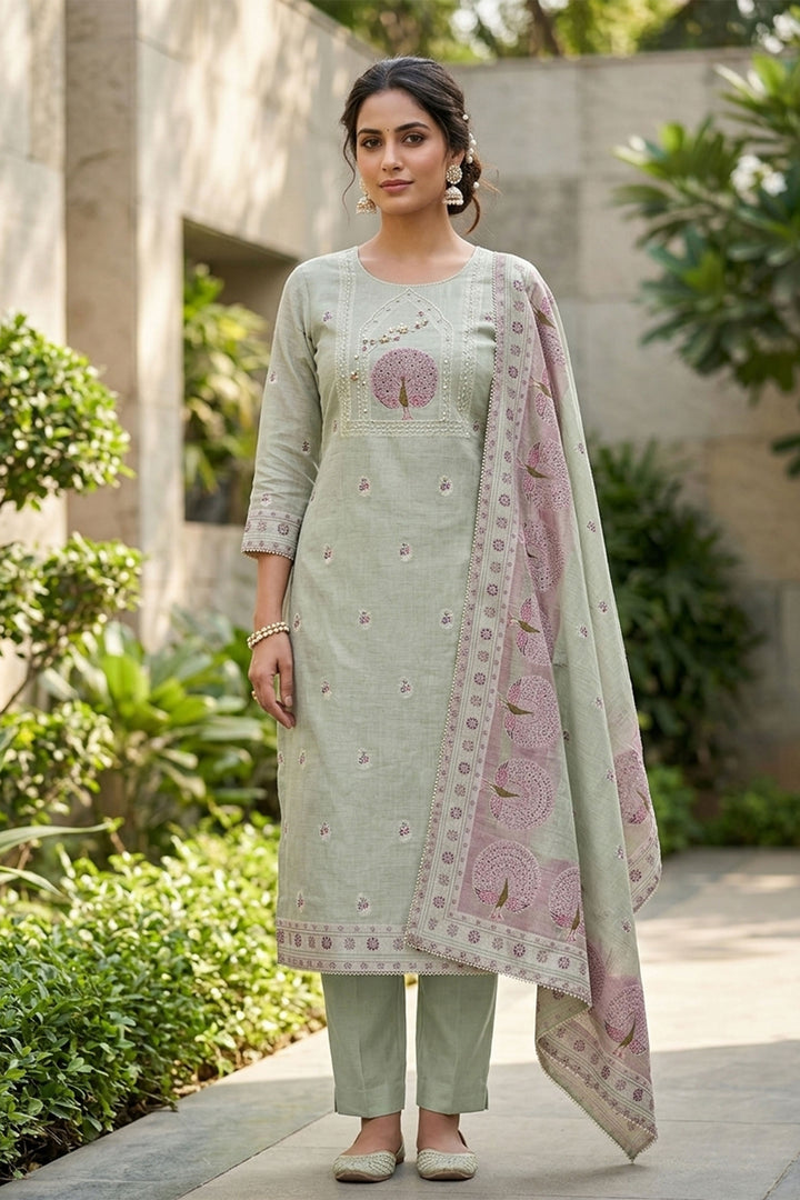 Grey Color Engaging Banarasi Cotton Salwar Suit | Buy Online India