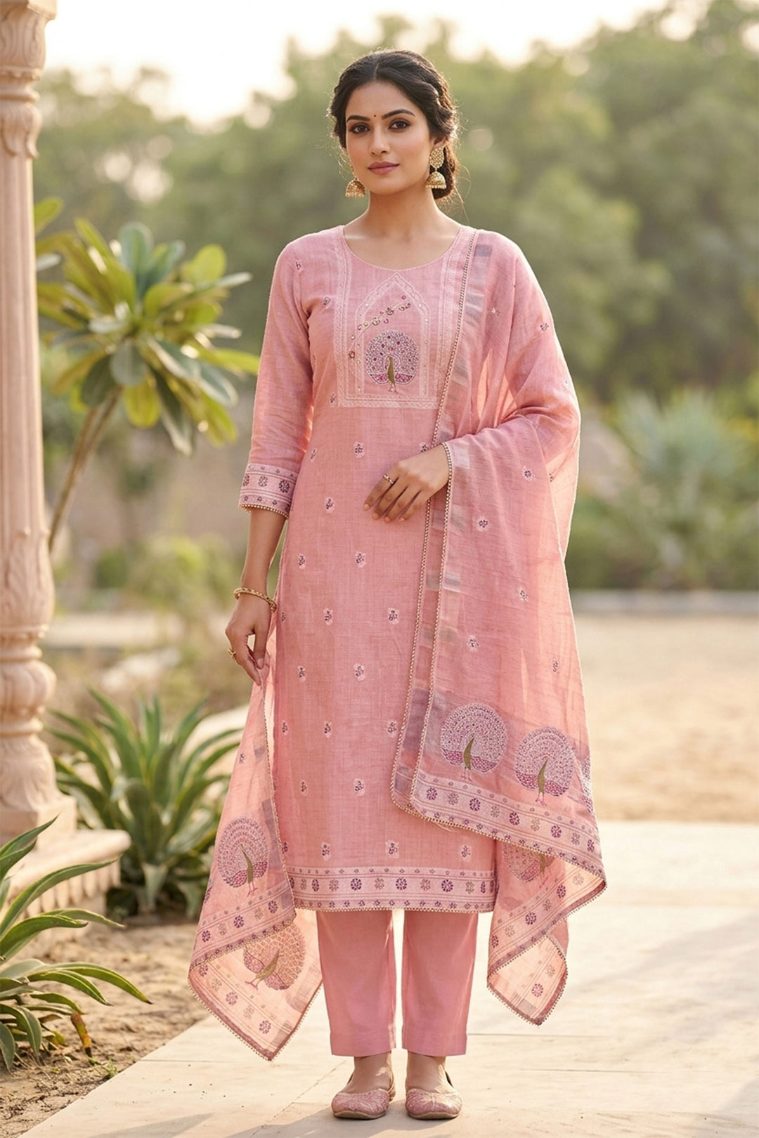 Excellent Banarasi Cotton Pink Color Salwar Suit | Buy Online India