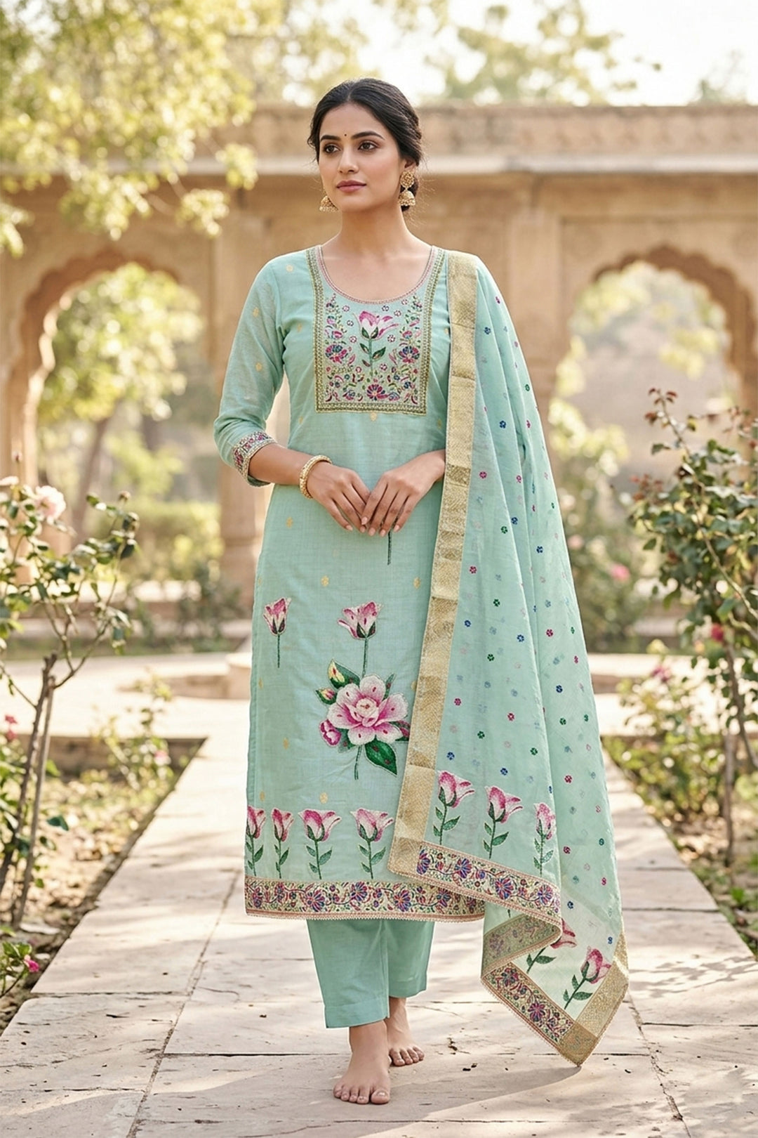 Tempting Blue Color Straight Cut Cotton Salwar Suit