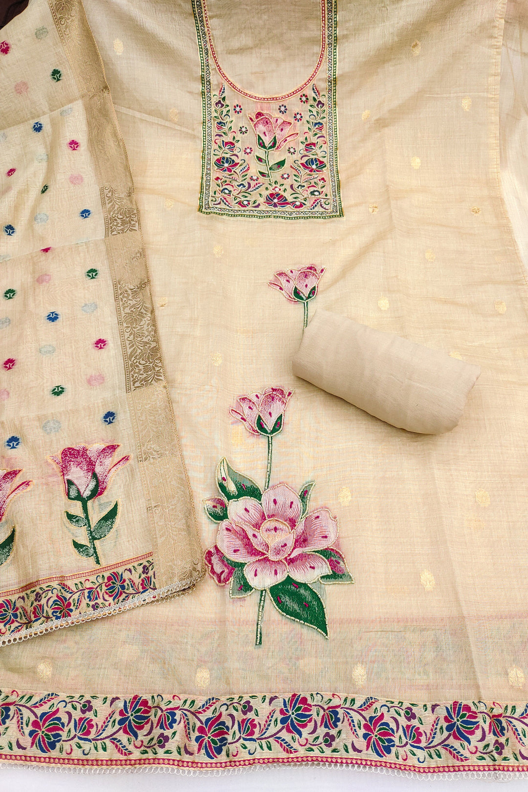 Engaging Beige Color Straight Cut Cotton Salwar Suit