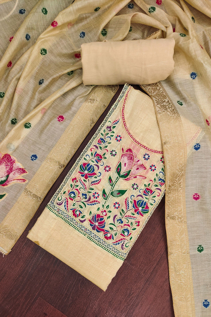 Engaging Beige Color Straight Cut Cotton Salwar Suit
