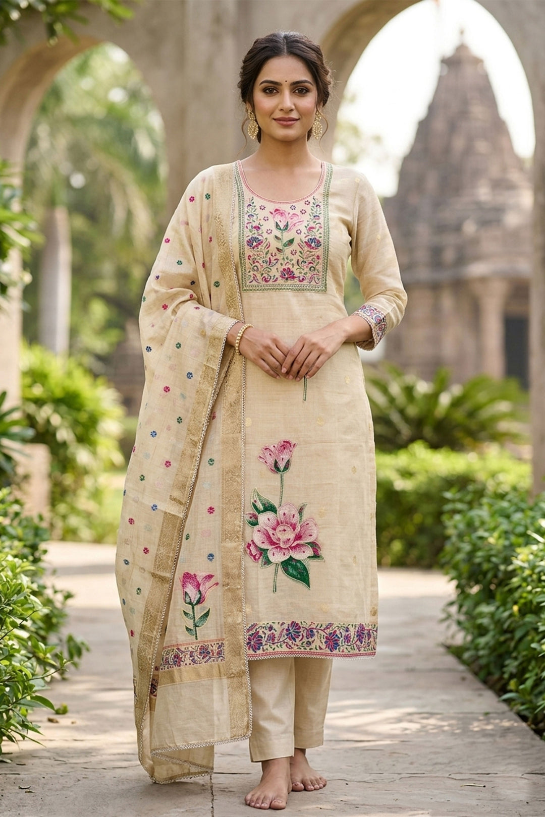 Engaging Beige Color Straight Cut Cotton Salwar Suit