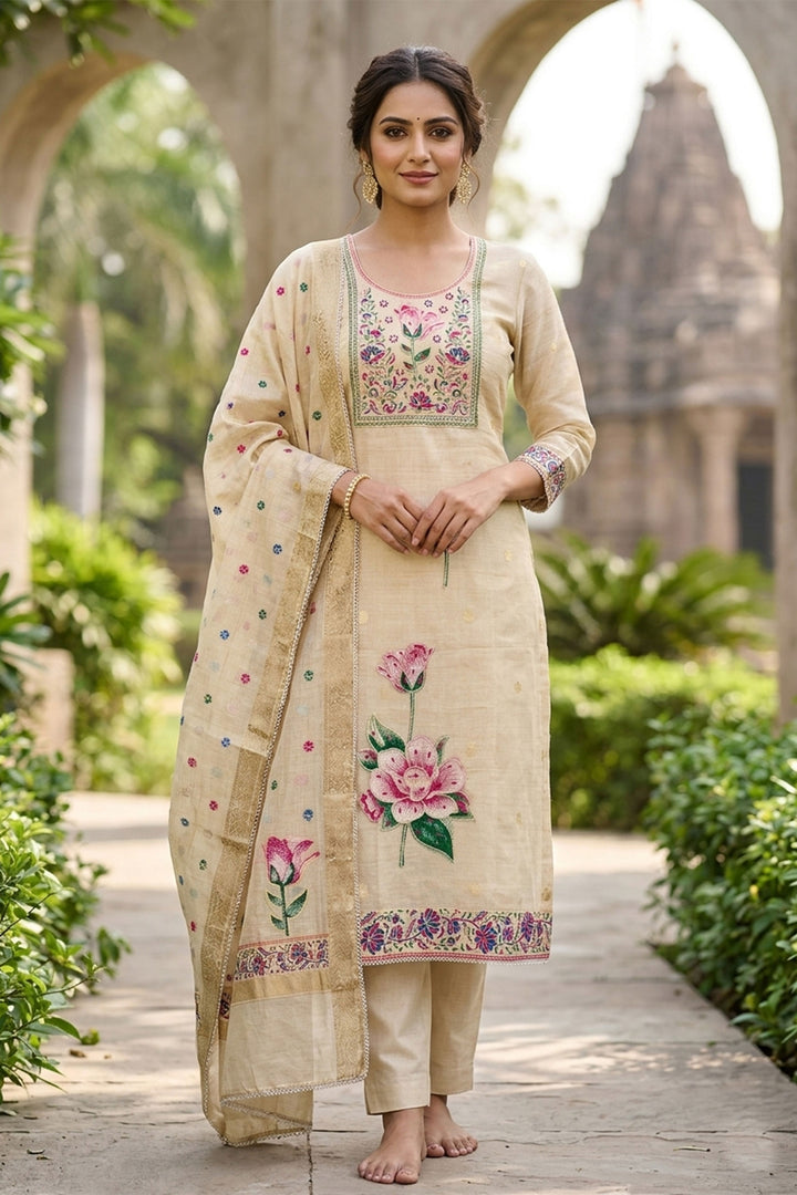 Engaging Beige Color Straight Cut Cotton Salwar Suit