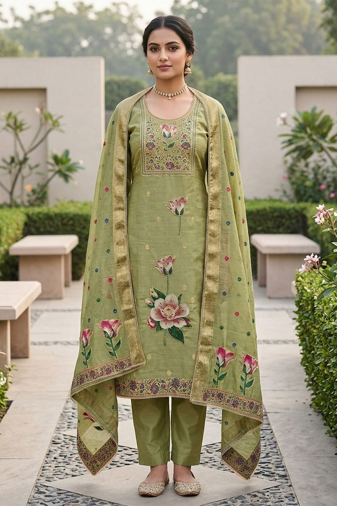 Amazing Green Color Straight Cut Cotton Salwar Suit