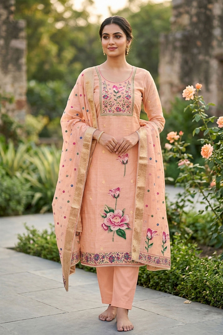 Trendy Peach Color Straight Cut Cotton Salwar Suit