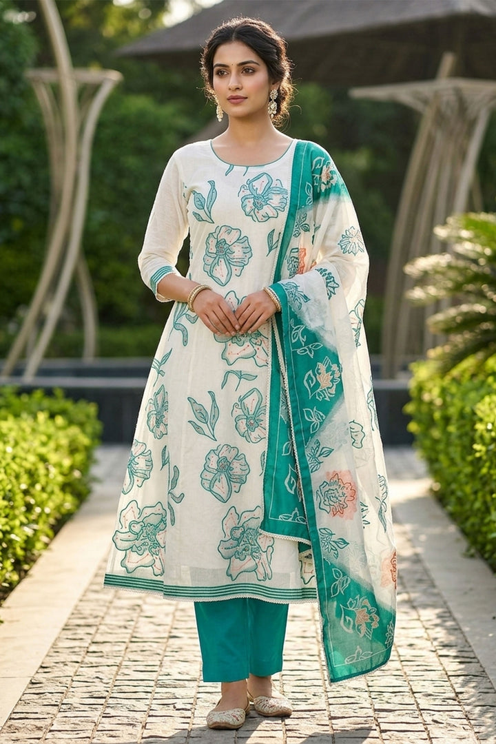 Soothing Off White Color Straight Cut Cotton Salwar Suit