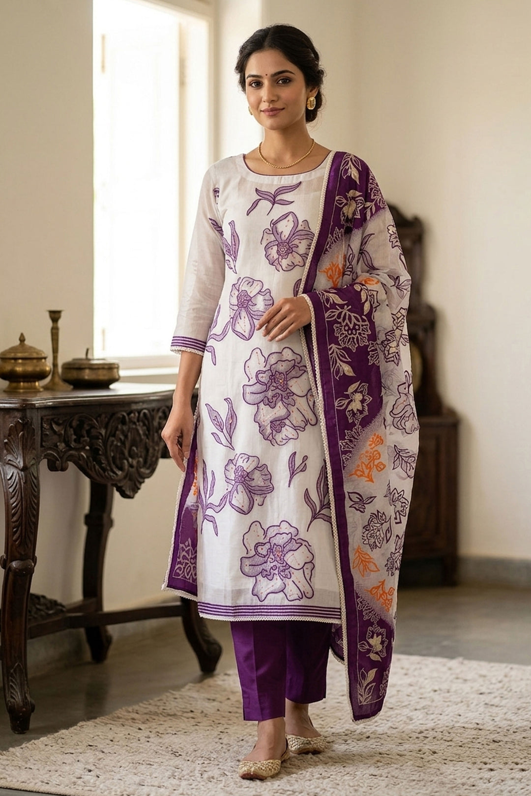 Off White Color Gorgeous Straight Cut Cotton Salwar Suit