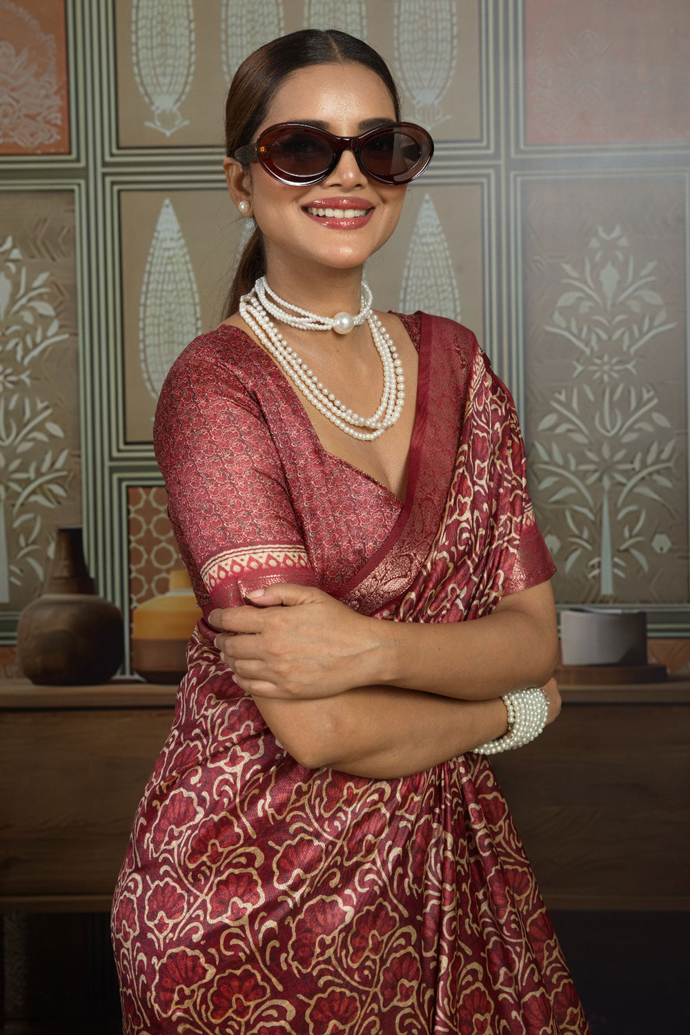 Beguiling Maroon Color Art Silk Weaving Border Printed Saree | Buy Online India