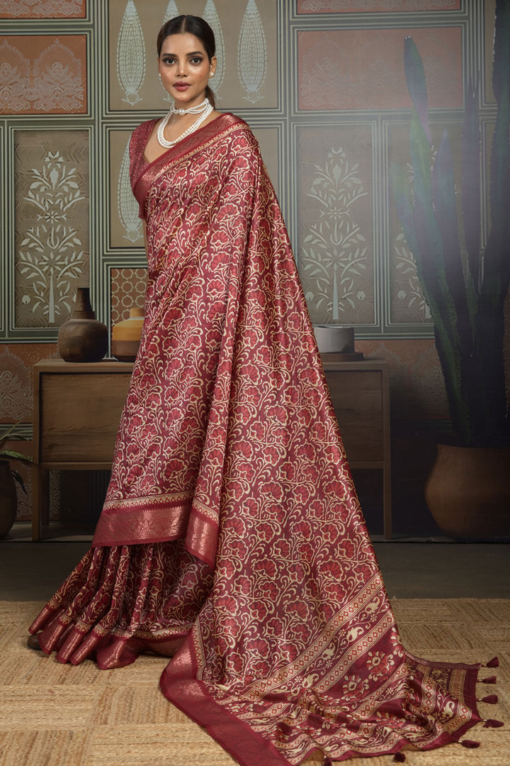 Beguiling Maroon Color Art Silk Weaving Border Printed Saree | Buy Online India